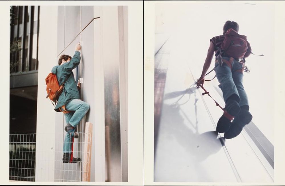 George Willig climbing one of the towers, May 1977 (Photos courtesy of <a href="http://collections.mcny.org/">the MCNY</a>)